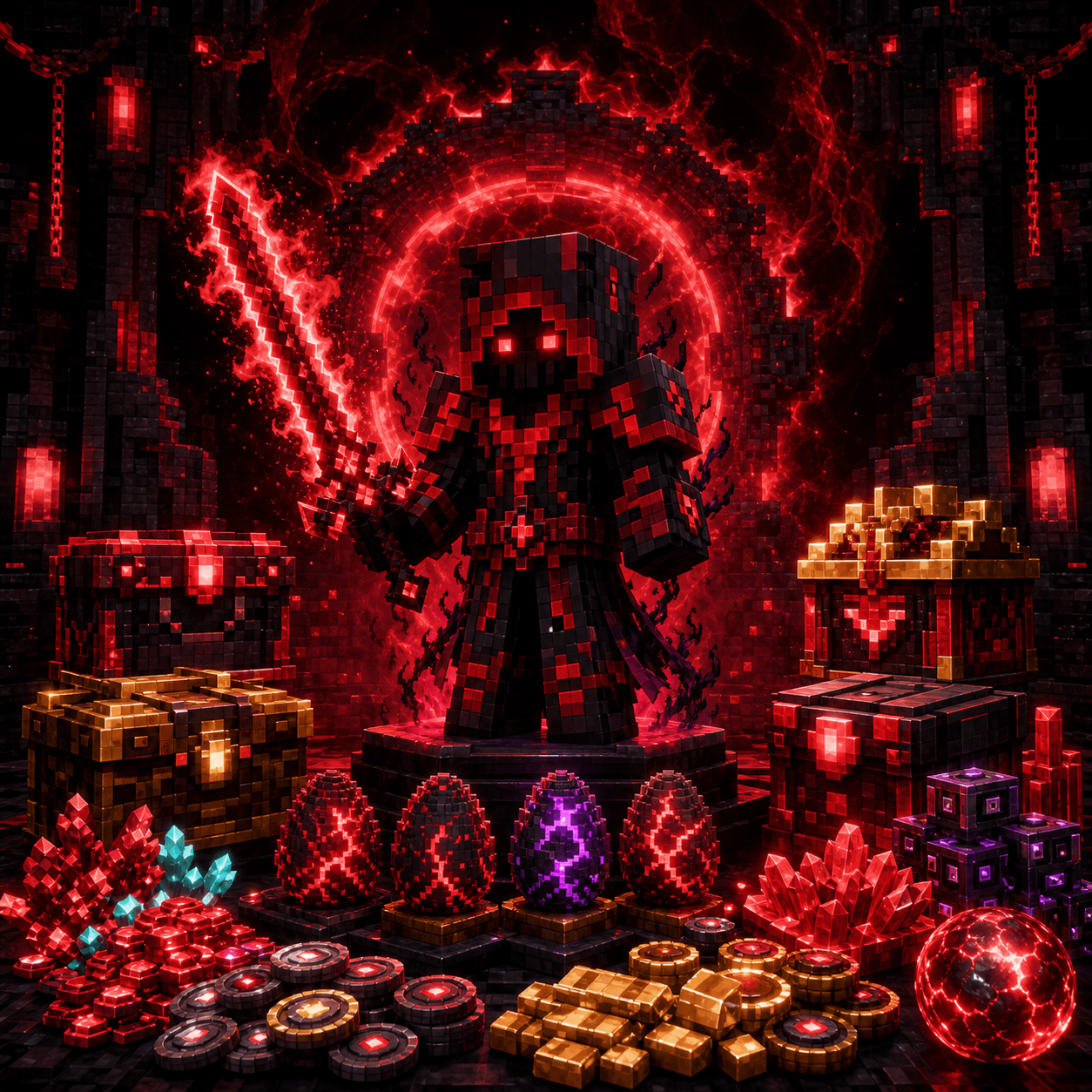 GKit Reaper rojo oscuro con armadura, espada y recompensas legendarias
