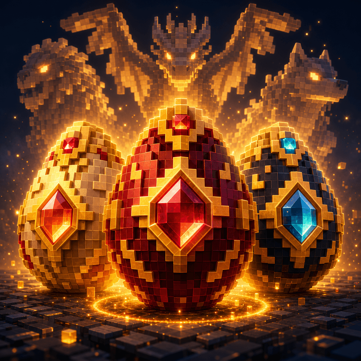 Tres huevos legendary de pets con brillo dorado